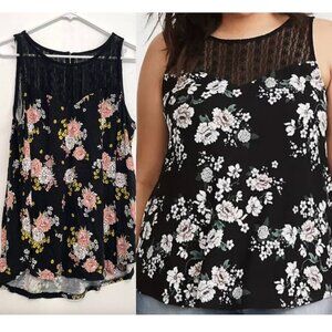 TORRID 1 Plus Size Super Soft Crew Neck Lace Yoke Tank Black Pink Yellow Floral